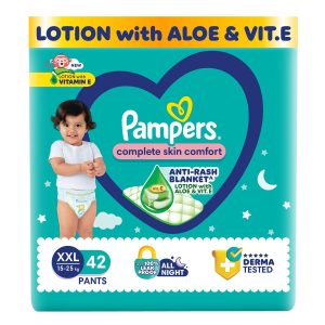 pampers complete skin comfort pants xxl 42 count, anti rash baby diapers with vitamin e & aloe vera, 15 to 25 kg